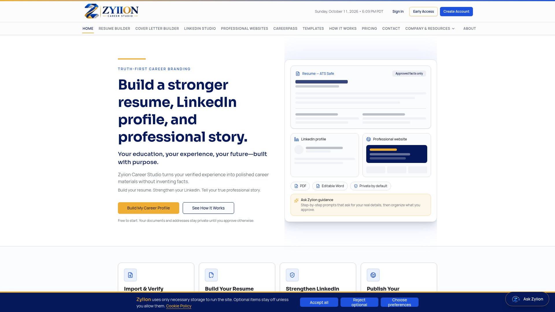 Zyiion Career Studio public homepage, captured October 12, 2026