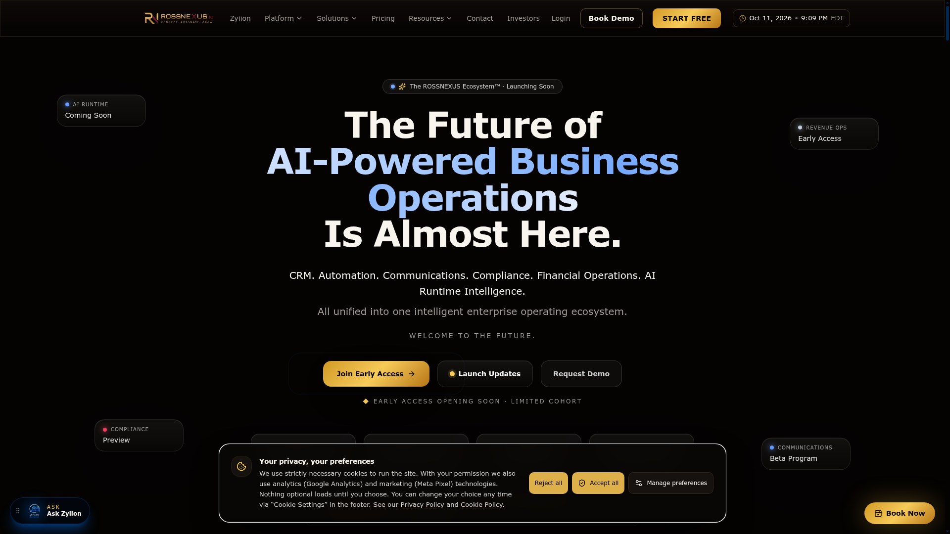 ROSSNEXUS.io public homepage — launching soon, captured October 12, 2026