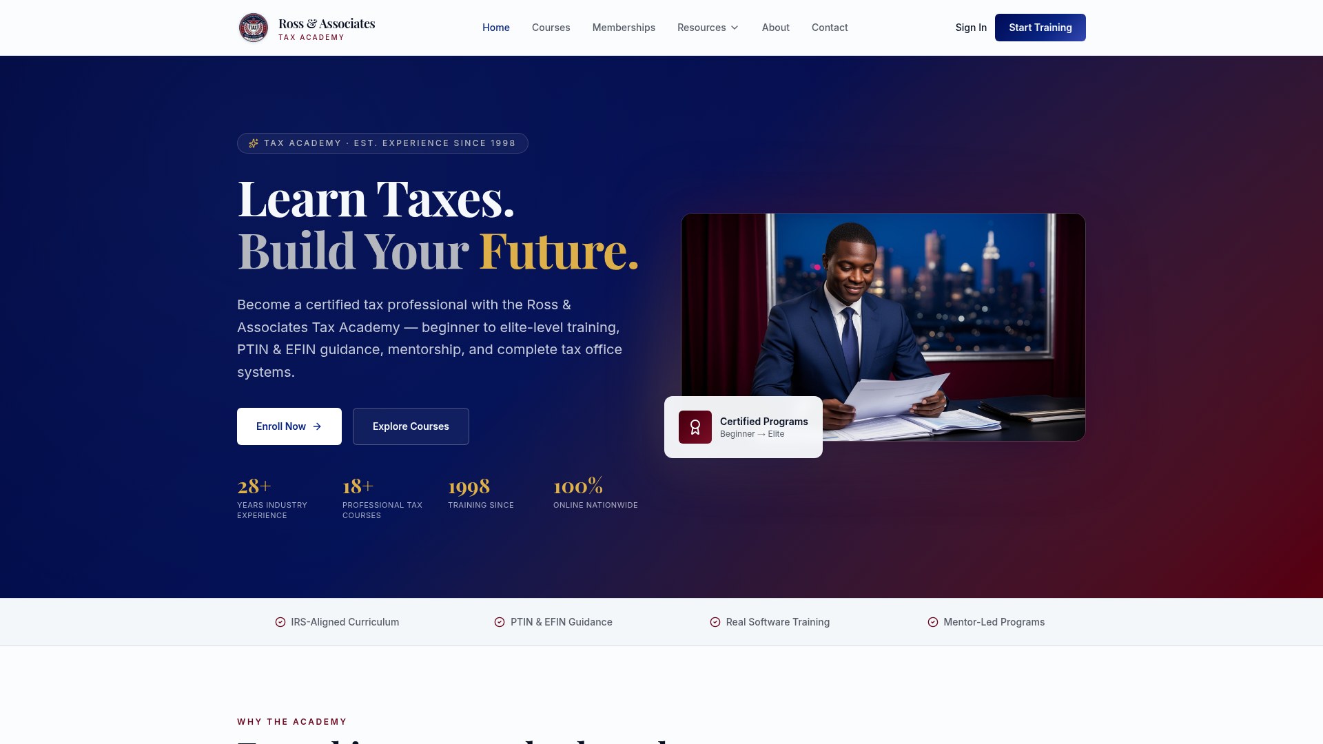 R&A Ross & Associates Tax Academy public homepage, captured October 12, 2026