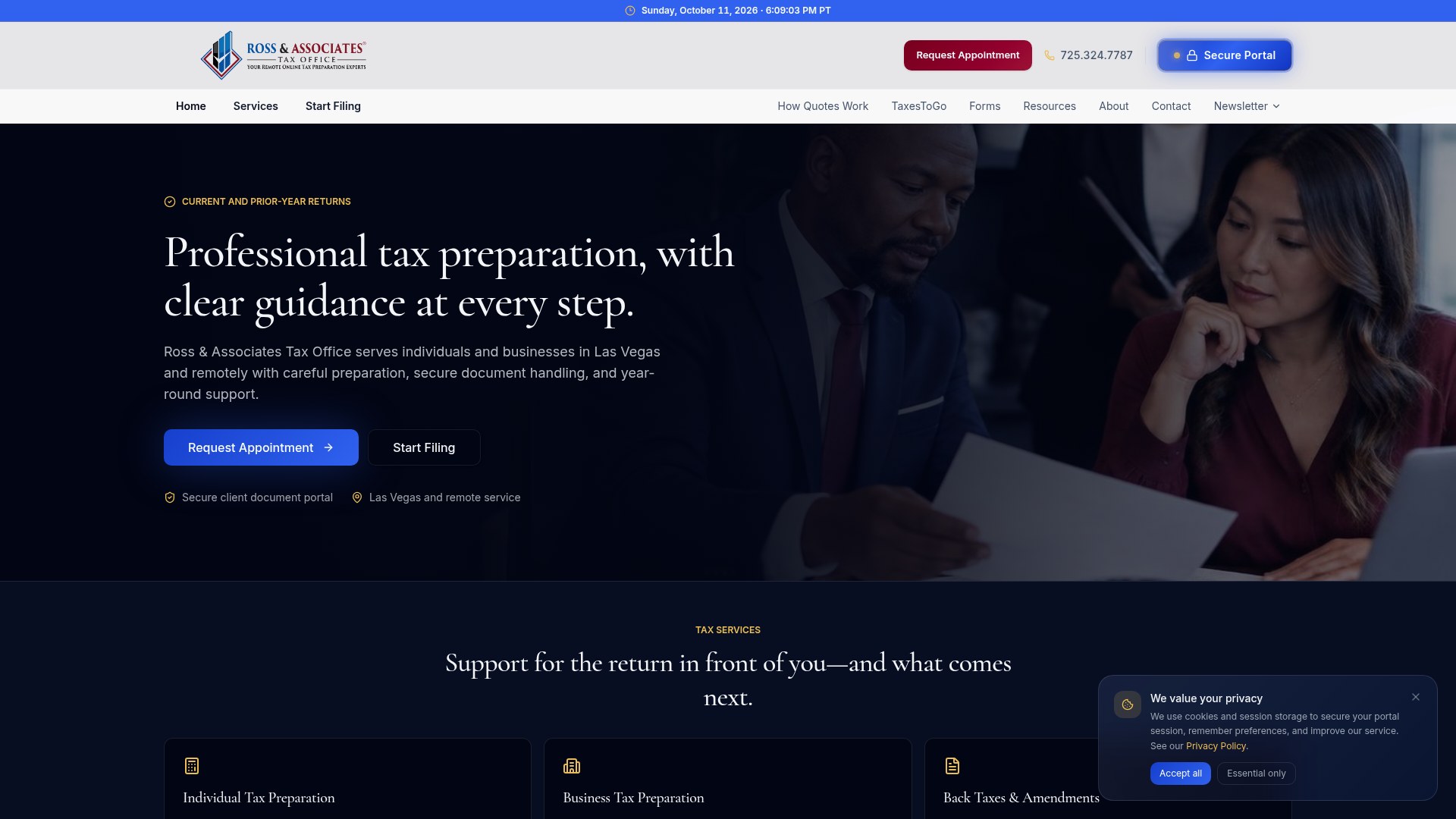 Ross & Associates Tax Office public homepage, captured October 12, 2026