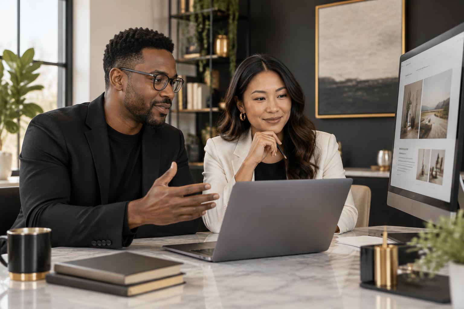 Black male and Asian female business owners collaborating on a website